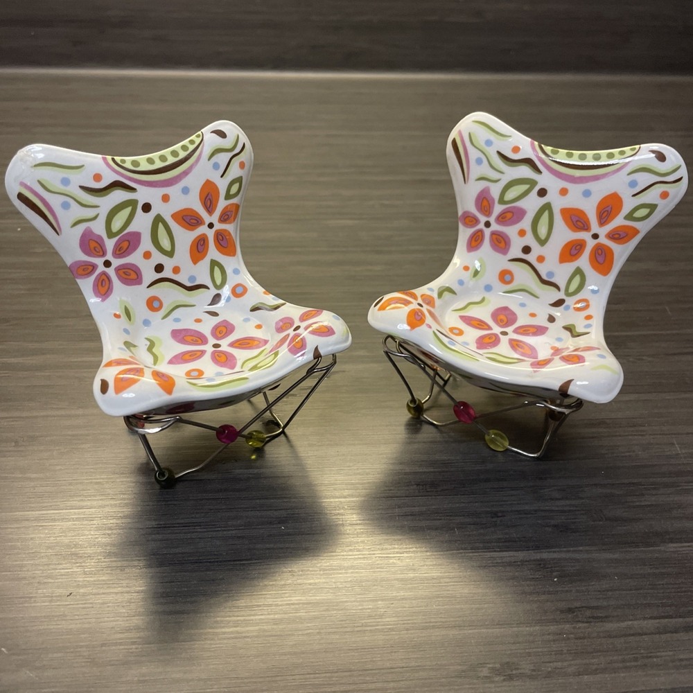 PartyLite Colorful Tealight Votive Candle Holder Porcelain Chair 3x3x3 Set (2)